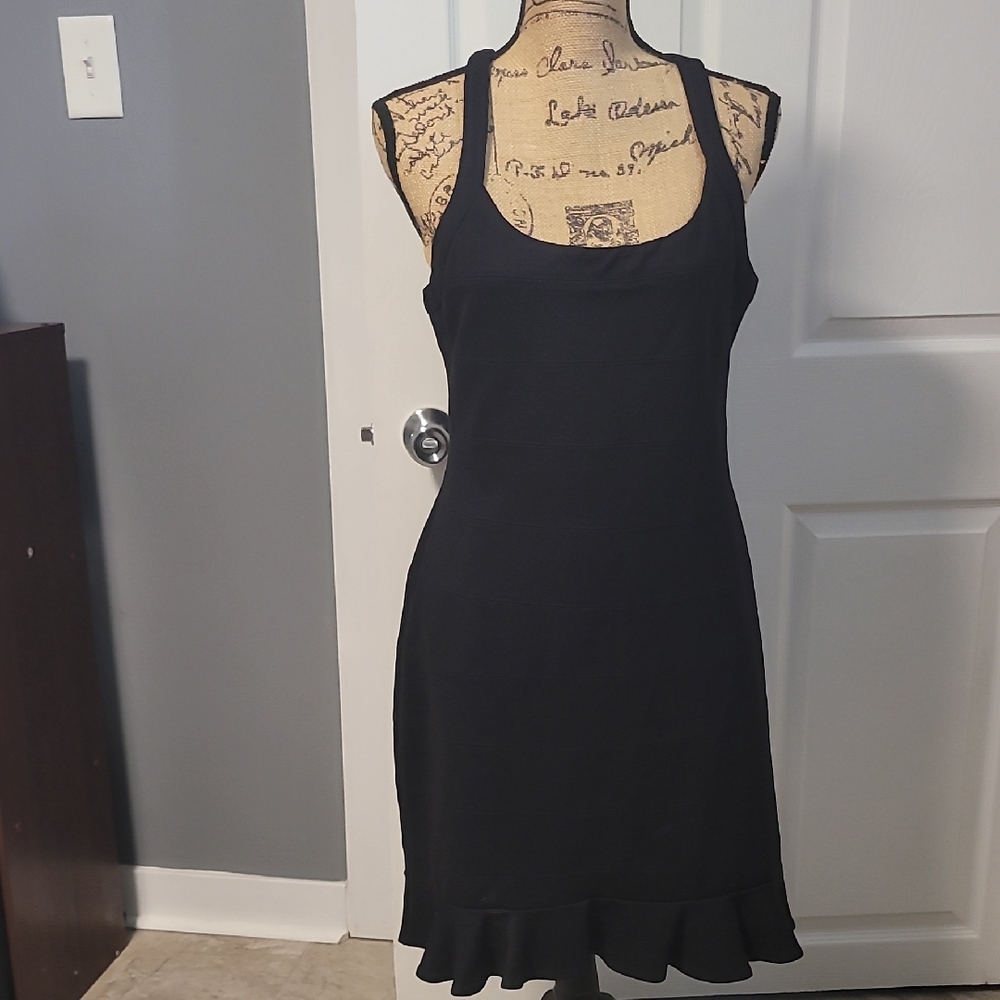 Nicole By Nicole Miller Black Ruffle Hem Midi Dress Criss Cross  Straps